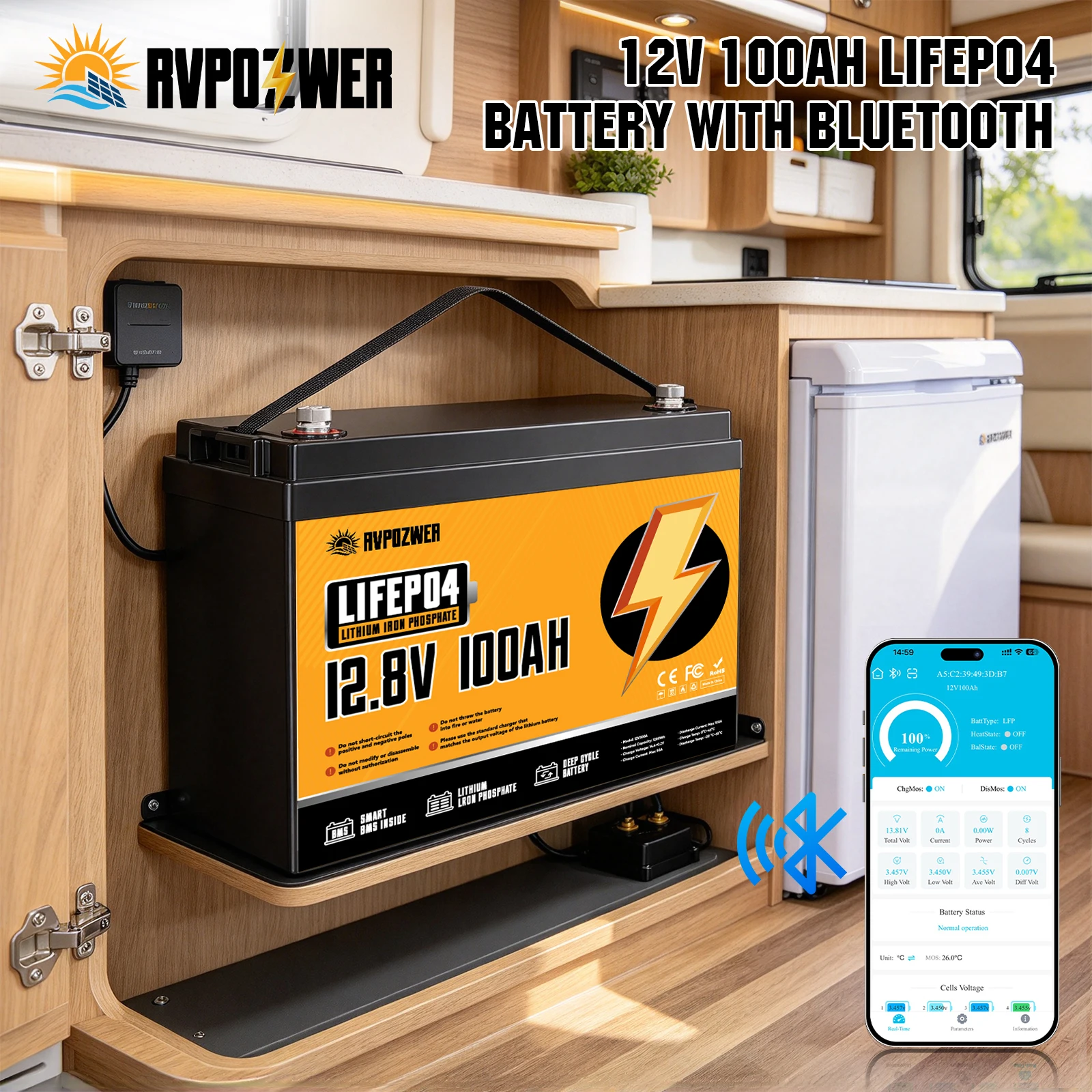 RVPOZWER LiFePO4 Lithium Iron Phosphate Rechargeable Storage Battery,With Bluetooth,15000+ Deep Cycles,Low Self-Discharge,Stable Output,For RV,Marine,Trolling Motors,Off-Grid Power Supply,12V 100Ah 1280Wh