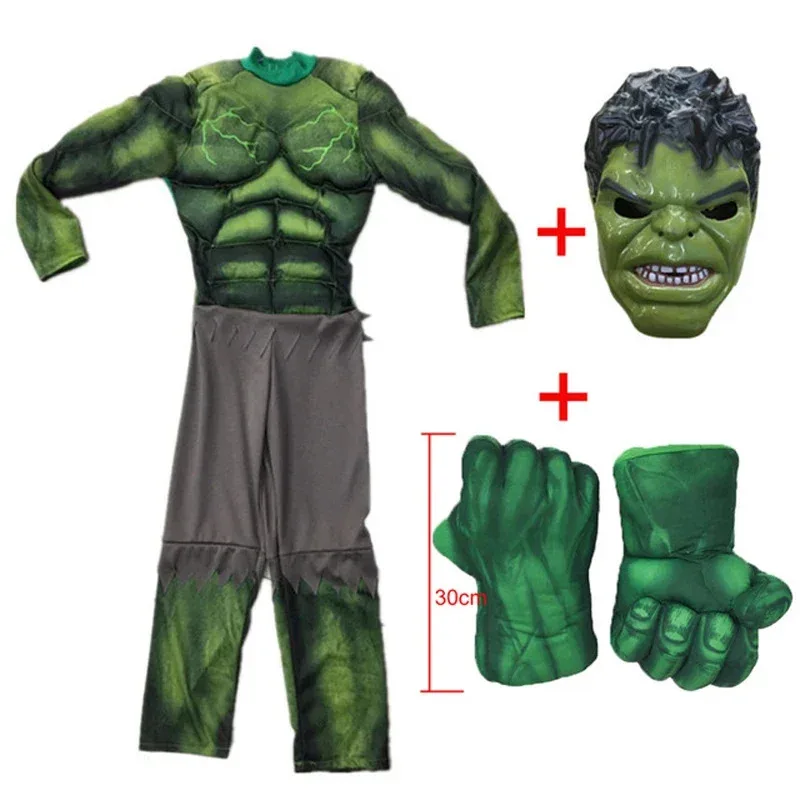 Crianças presentes de aniversário de natal hulk cosplay trajes musculares incluindo máscaras trajes de halloween crianças com luvas