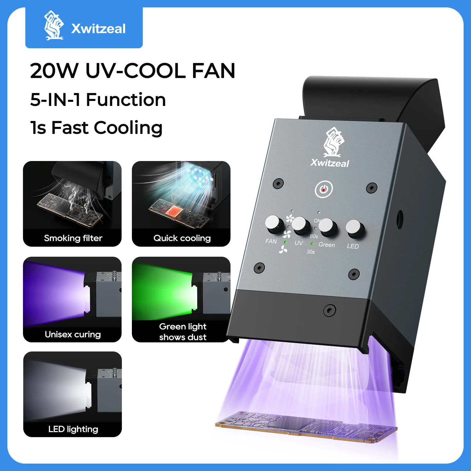 

Xwitzeal® 20W UV-Cure Cooling Exhaust Fan | 1s Instant Chill | 5-in-1 Multi-Function Repair Tool for Curing Motherboard Chip