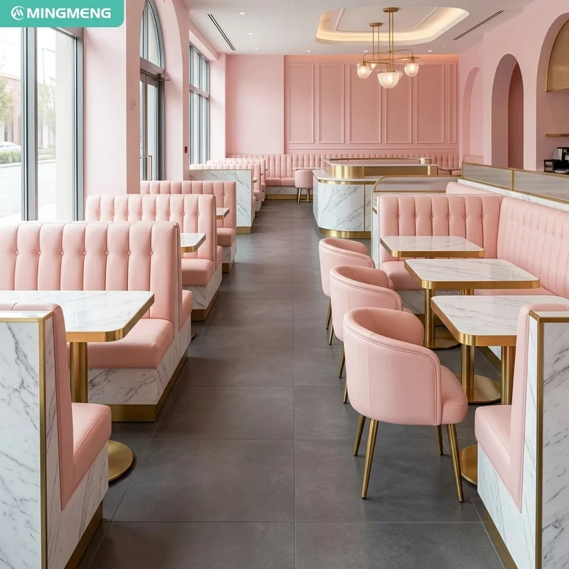 Elegant Hospitality Cafe Furniture Pink Tufted Booth Seating Marble Dining Table Chair for Luxury Dessert Restaurant