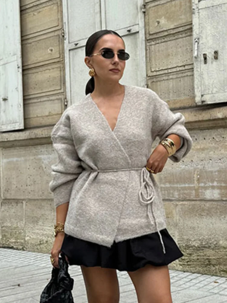 Women Lace-up Irregular Solid Knitted Cardigan Causla V-neck Warm Long Sleeve Slim Sweater Autumn Winter Fashion Street Knitwear