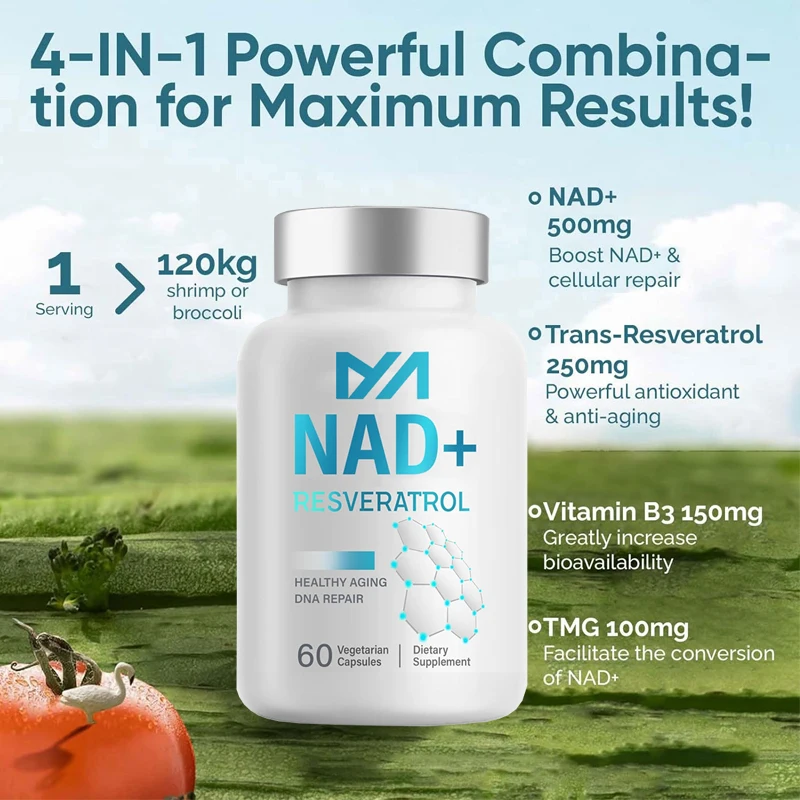 NAD+supplement 1000mg maximum absorption, 60 capsules, non genetically modified, gluten free, and vegan free