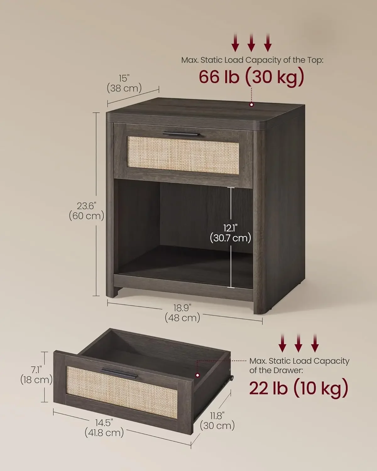 ELLAN Collection - Boho Nightstands with Rattan-Look Drawer, Set of 2 Accent Side End Tables with Open Compartment, Rounded Corn