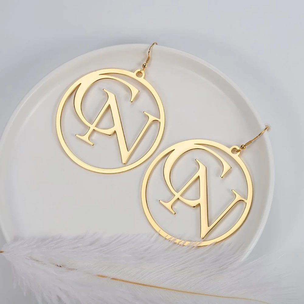 Mini-World Custom Two Letter Hoop Earrings Stainless Steel Personality Name Circle Earring for Women Anniversary Charm Jewelry