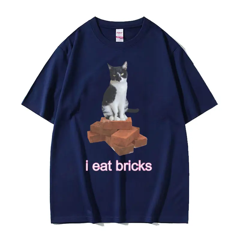 I Eat Bricks Cute Cat Funny Meme Graphic T-Shirt Summer for Men Women Fashion Clothing T-shirt O-Neck Short Sleeve T Shirts Tops