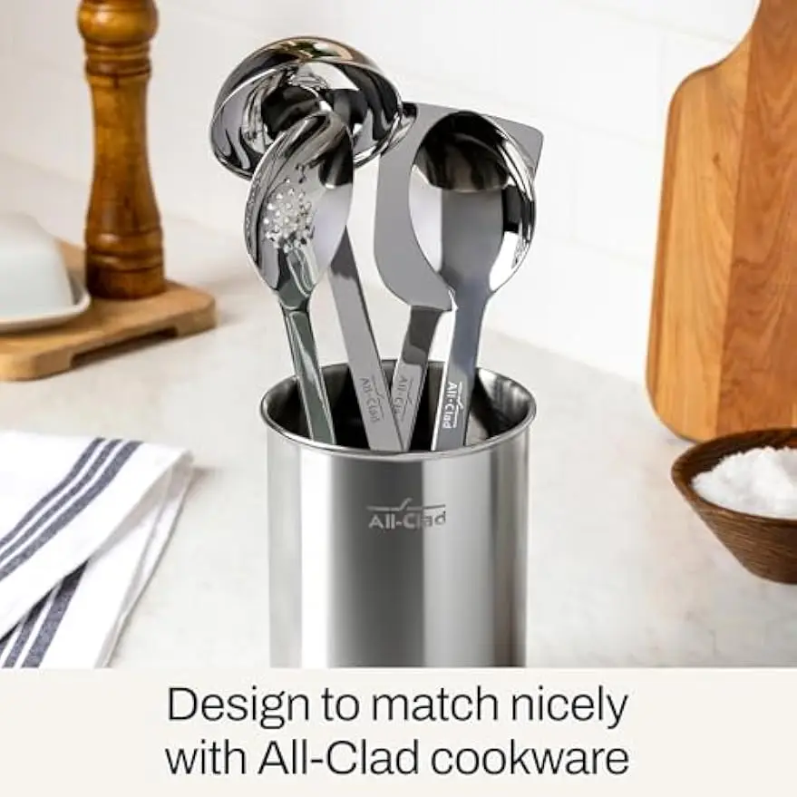 5 Piece Stainless Steel Kitchen Utensil Set Includes Ladle Solid Spoon Slotted Spoon Turner Storage Caddy Heavy Gauge Ergonomic
