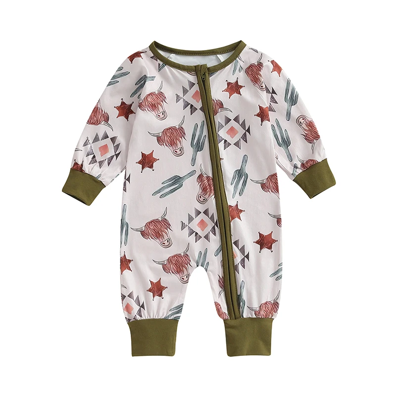 

Autumn Newborn Infant Baby Girls Boys Casual Rompers Long Sleeve Cattle Head Cactus/Cattle Print Jumpsuit Toddler Clothing