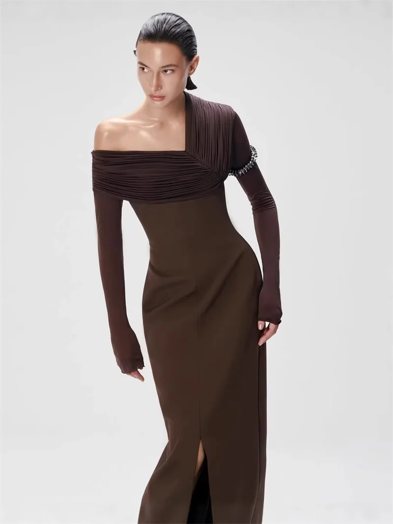 

Brown Prom Dress Sexy Hollow Full Sleeves Ruffles Long Sheath Party Gown Formal Bridal Wedding Birthday Robe