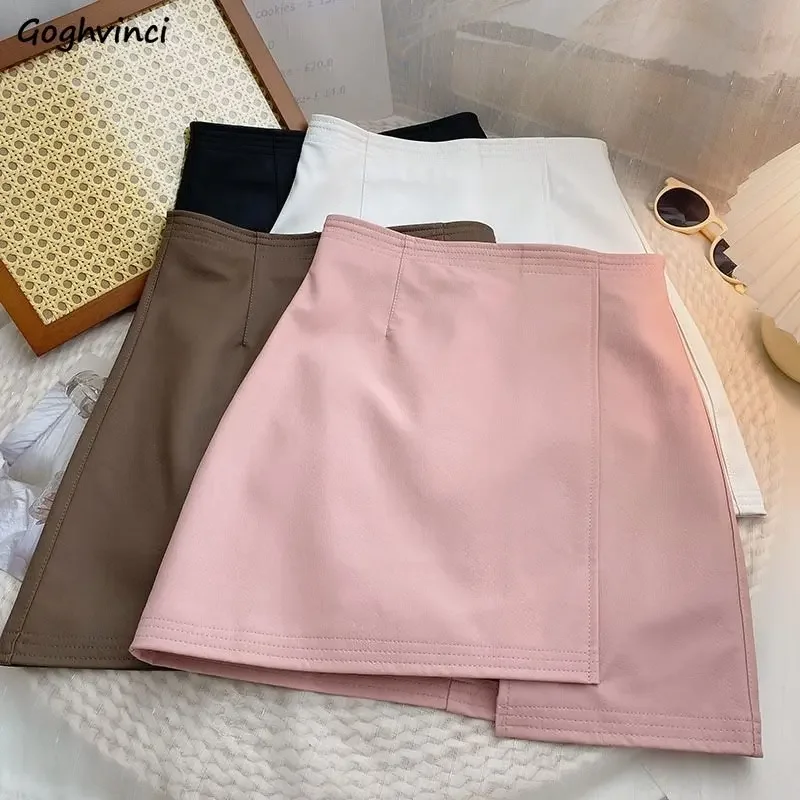 

PU Mini Skirts Women Spring Slim Irregular Hotsweet All-match Vintage Solid Korean Style Simple Casual Chic Fashion High Waist