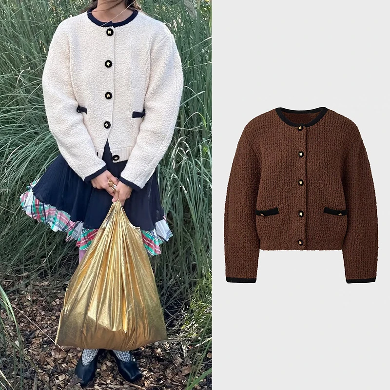 

Knitted Cardigan Women's round Ne Single Button Color Blo Fce ort Coat Autumn Winter Faion Outerwear