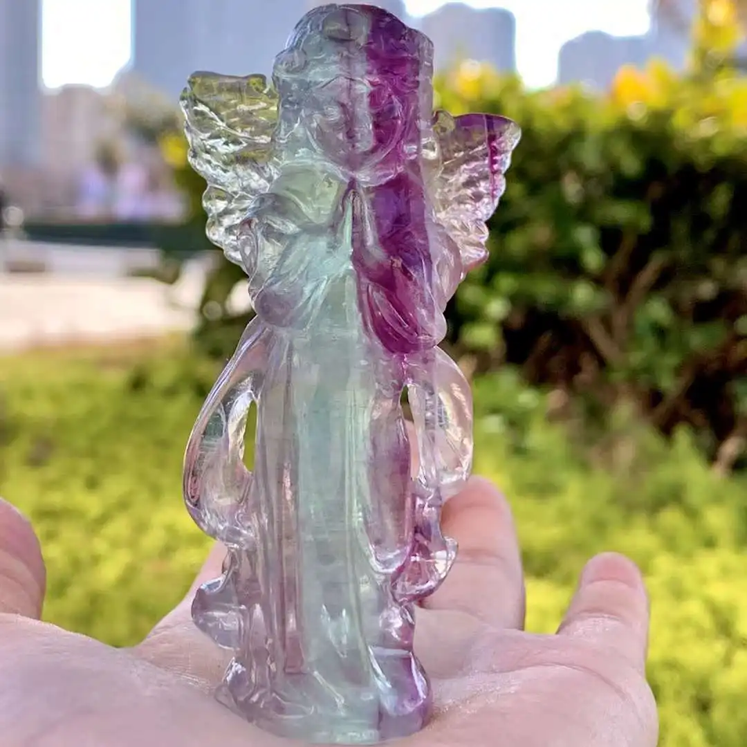 15cm Colorful Natural Fluorite Mineral Crystals Carved Angel Figures Original Stone Crafts Women Gifts Gemstones 2024 New Supply