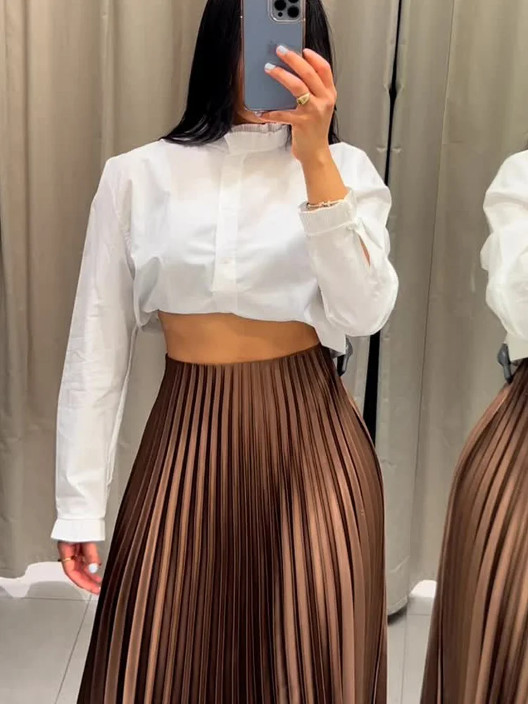 TRAFZA Autumn Women Fashion High Street Side Zipper Mid-Slouch A-Line Skirt Solid 2-Color Female Fold Midi Skirts Trendy Mujer