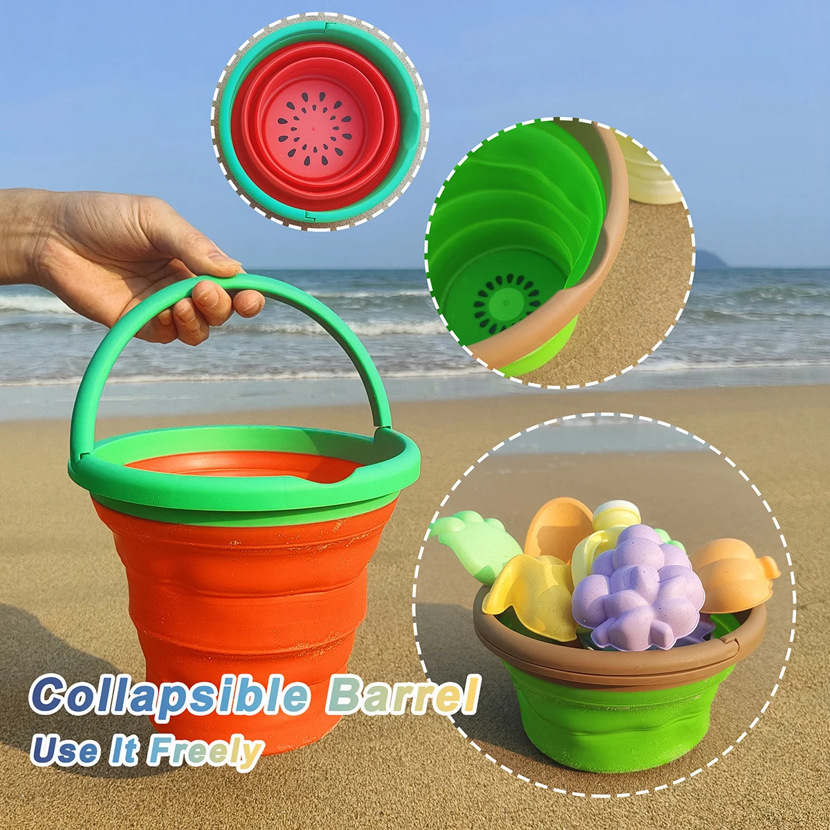 Zestaw letnich zabawek plażowych o tematyce owocowej, seria owocowa, wiaderko plażowe, zabawa w wodzie…