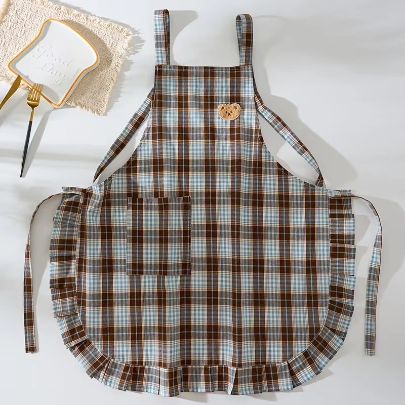 Women Vintage Plaid Kitchen Apron Cute Bear Patch Sleeveless H-Strap Back Tie Large Pocket Anti-oil Cooking Bib - view 2