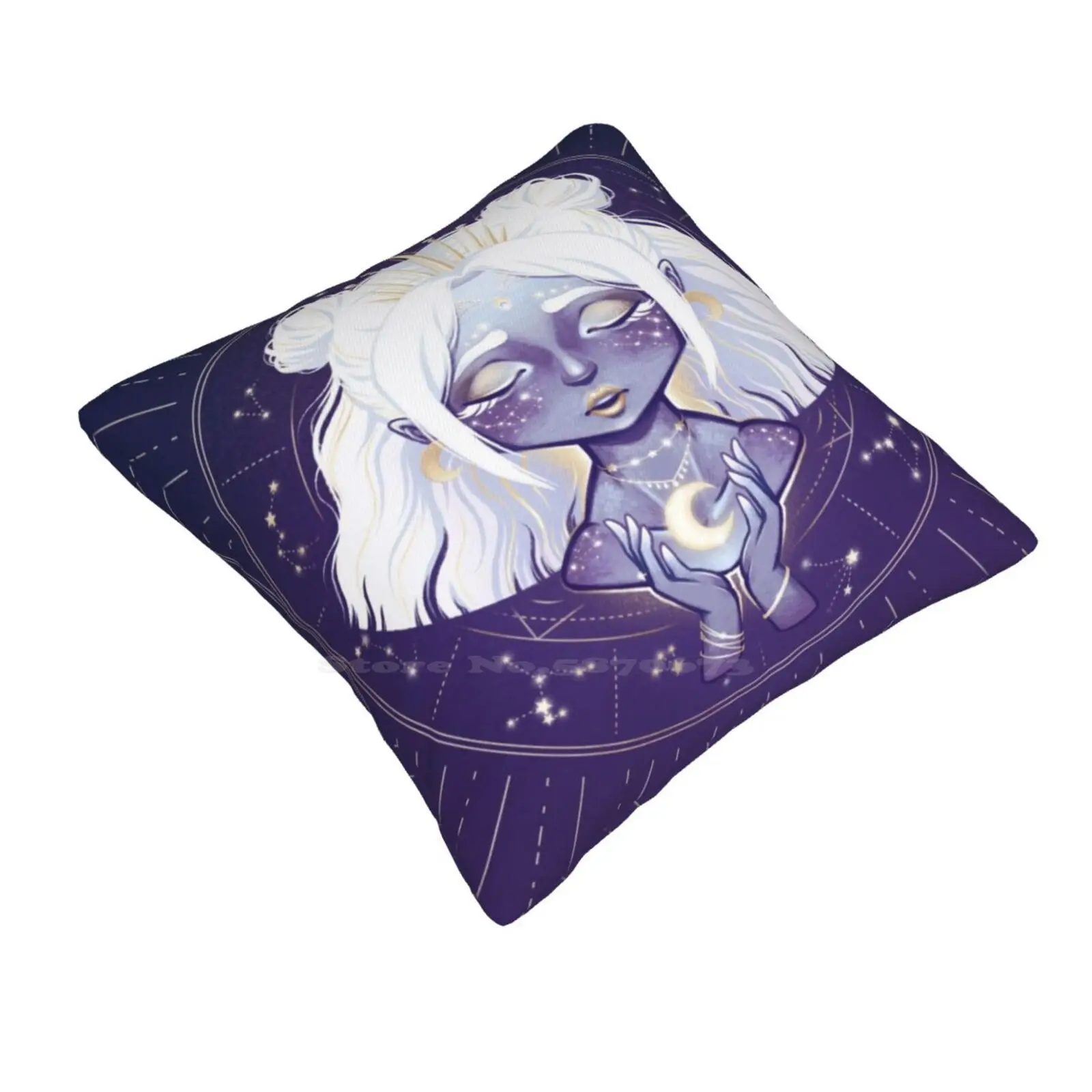 Lunar Guardian Pillow Cover Hug Pillowcase Moon Guardian Night Blue Purple Stars Constellation