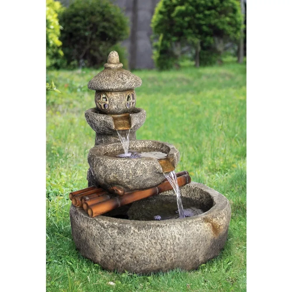 Bird Bath，Decor LED Light-Tranquil Springs Pagoda Fountain-Outdoor Water Feature,outdoor Fountain