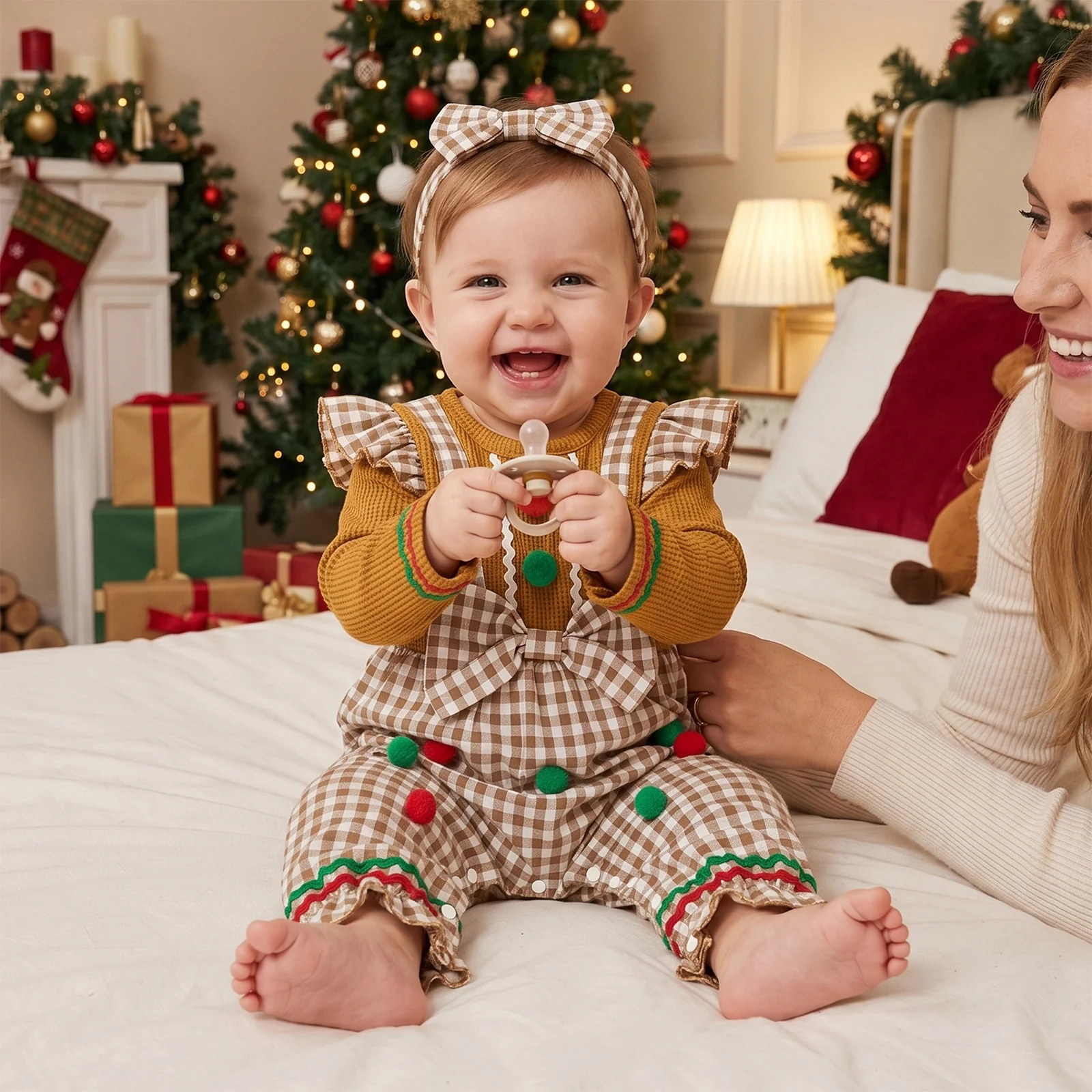 Infant Girl Christmas Outfit Ruffle Long Sleeve Fake Two-Piece Felt Balls Decor Romper and Plaid Headband Gingerbread Man Set
