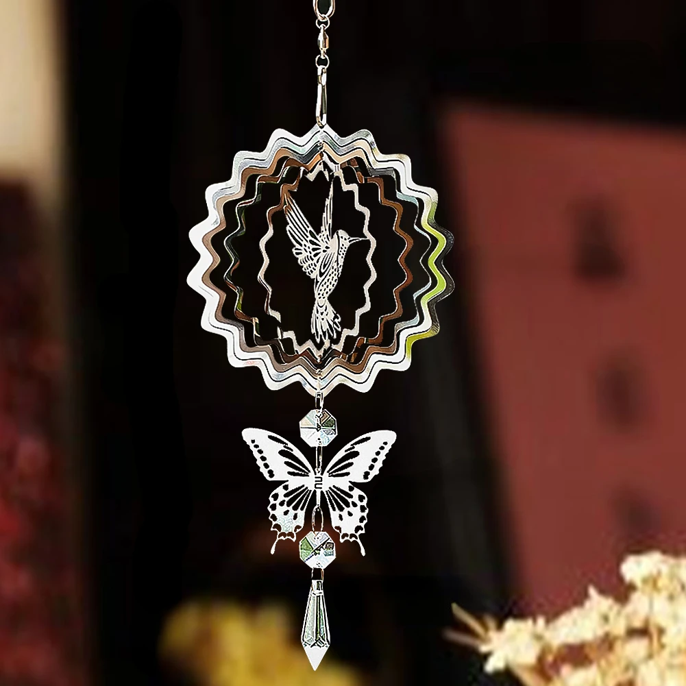 Kinetic Wind Spinner Crystal Suncatcher Hanging 3D Wind Chimes Glass Pendant Mirror Reflective Bird Deterrent Garden Yard Decor