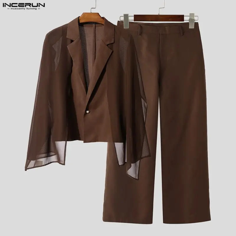 

INCERUN Men Sets Chiffon Patchwork See Through Long Sleeve Blazer & Pants Two Pieces Sets Streetwear Fashion Men's Casual Suits
