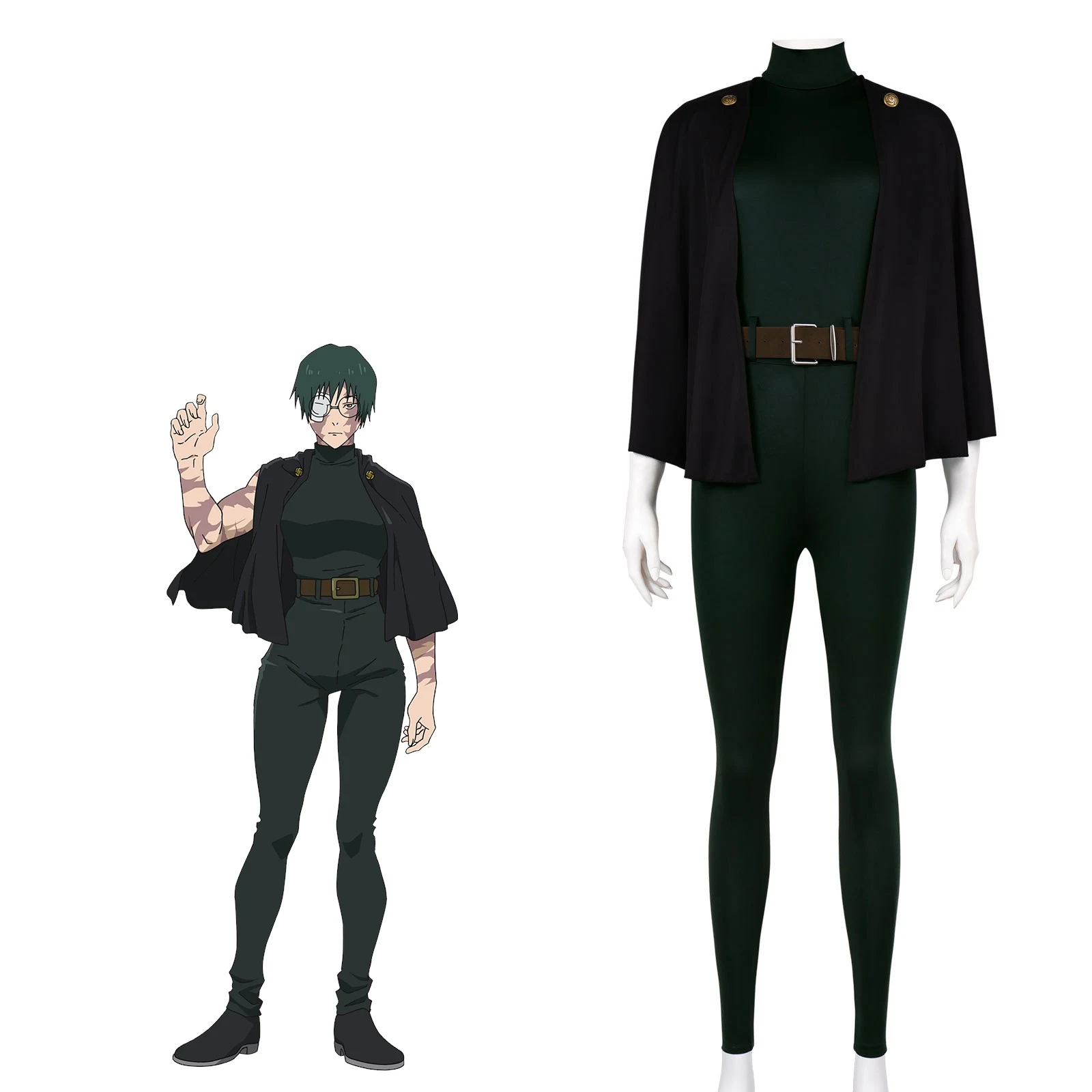 

Anime Jujutsu Kaisen Maki Zenin Cosplay Costume Maki Jumpsuit Outfits For Women JJK Battle Suit With Cape Belt Full Set