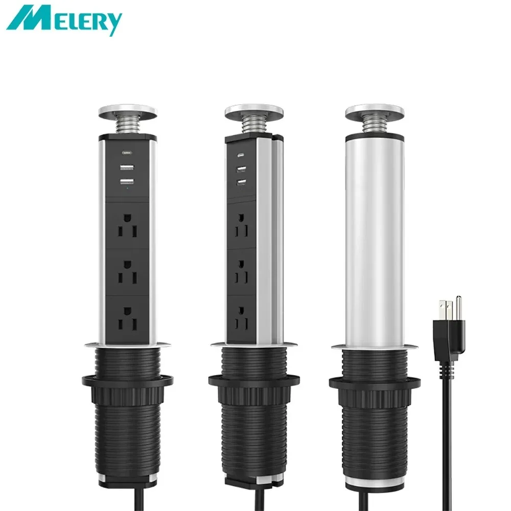 Melery Tablet US Socket USB Power Strip Type-C Electrical Plug Pop Up Desk Hidden Outlet Extension Cord for Home Office Kitchen