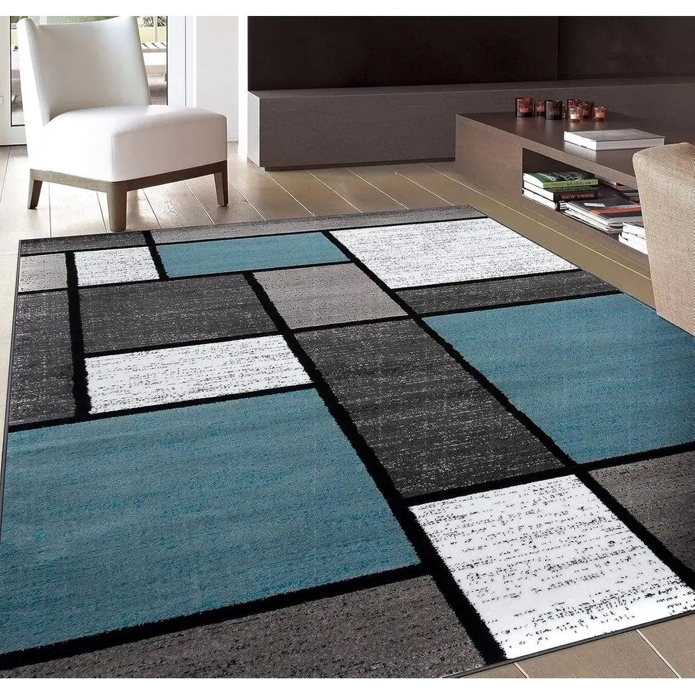 

Contemporary Geometric Blue Rug, Stain-Resistant Carpet for Living Spaces, 5'3 x 7'3
