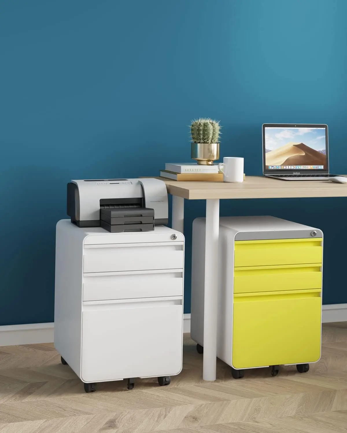 3 Drawer File Cabinet, Metal Filing Cabinets with Lock Wheels & Hanging Rail for A4/Legal/Letter File, Anti-tilt Under Desk