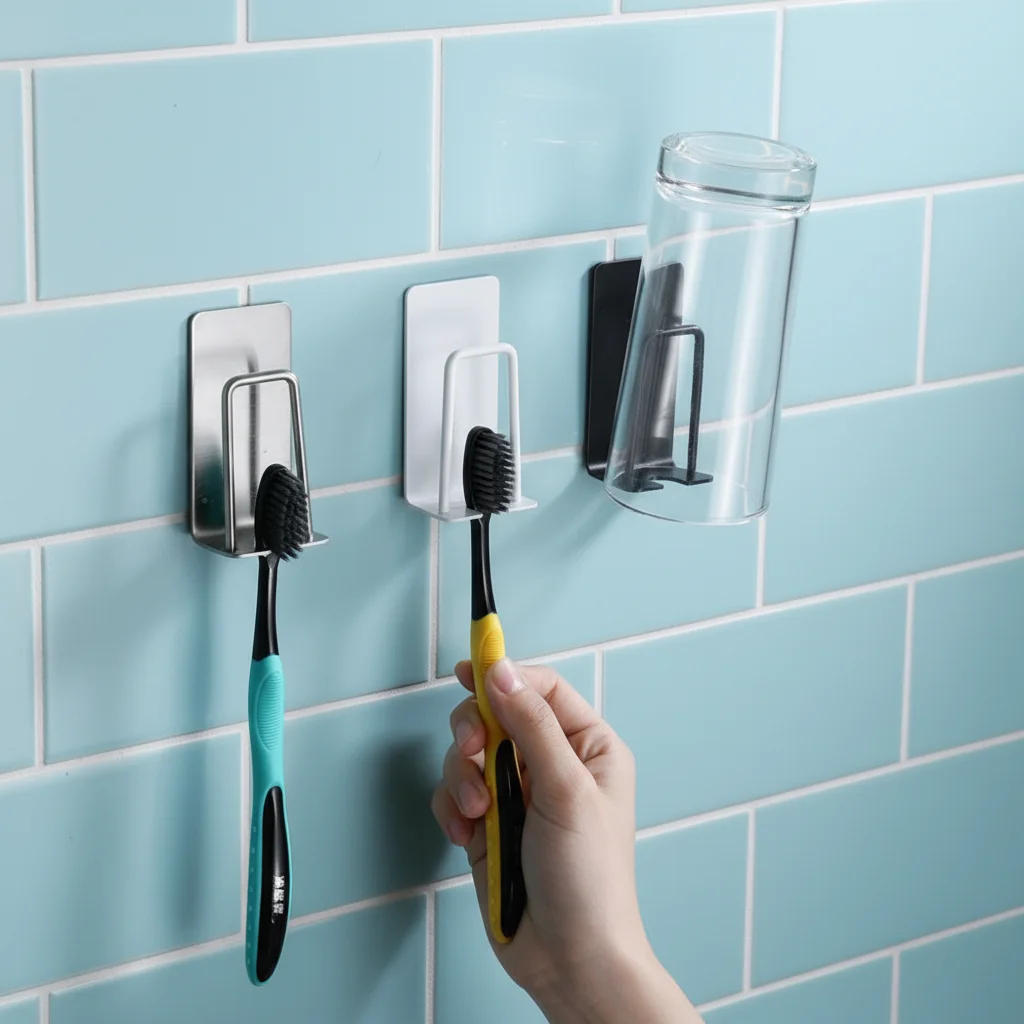 

Держатель для зубных щеток из нержавеющей стали 2 в 1, дизайн, настенный держатель для чашки, самоклеящийся прочный органайзер для ванной комнаты
