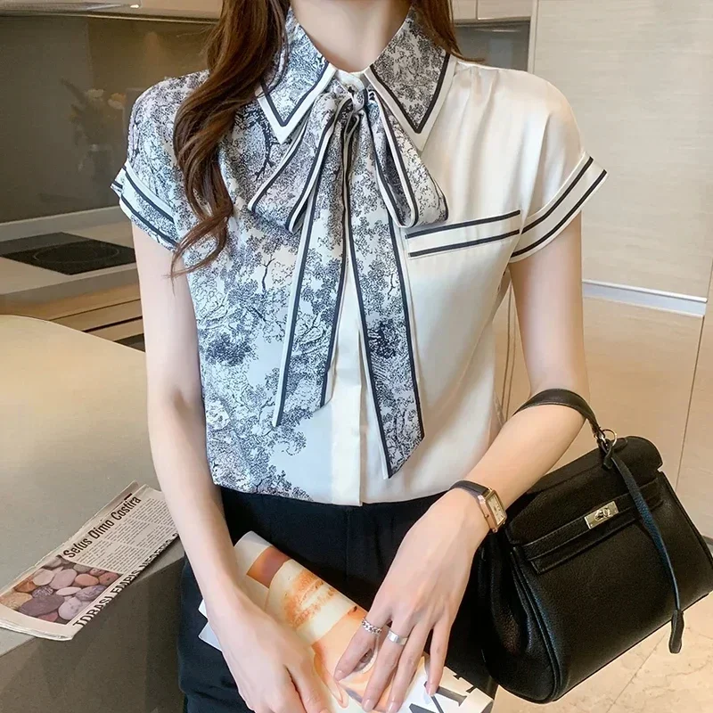 Movafag Satin Women\'s Shirt  Summer New Casual Bow Tie Fit South Korea Fashion Ink Painting Short-sleeved Blouse