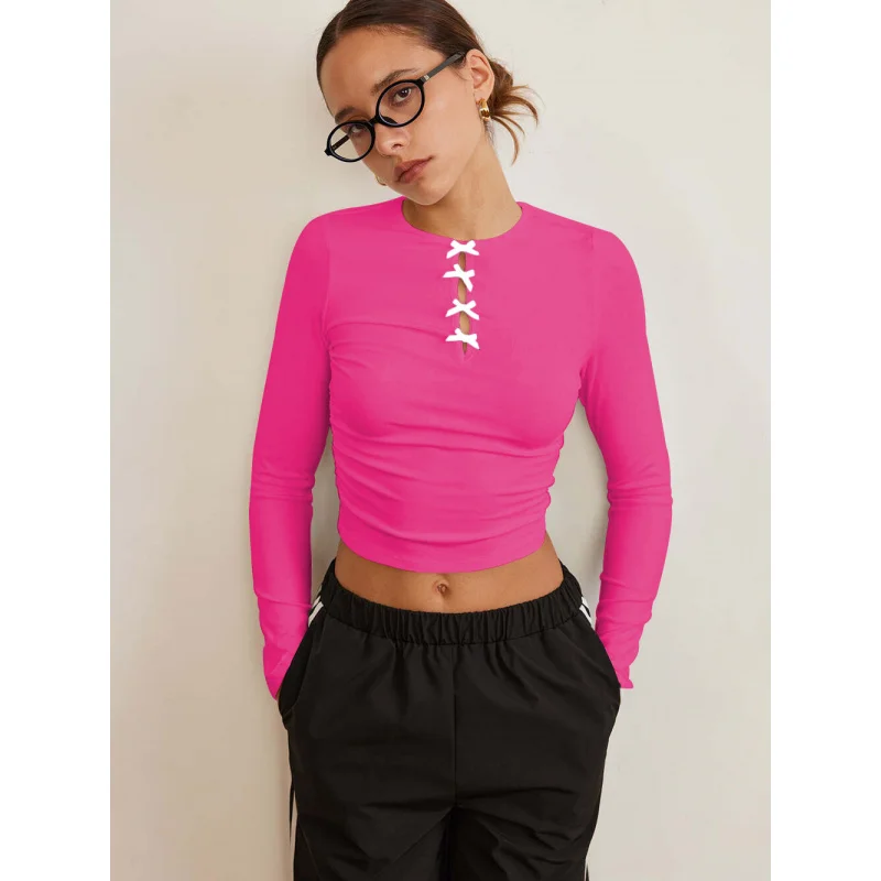 2025New Style Base Long SleeveTShirt Top Knot Hollow Out Solid Color Hot GirlBMStyle Women's Clothing