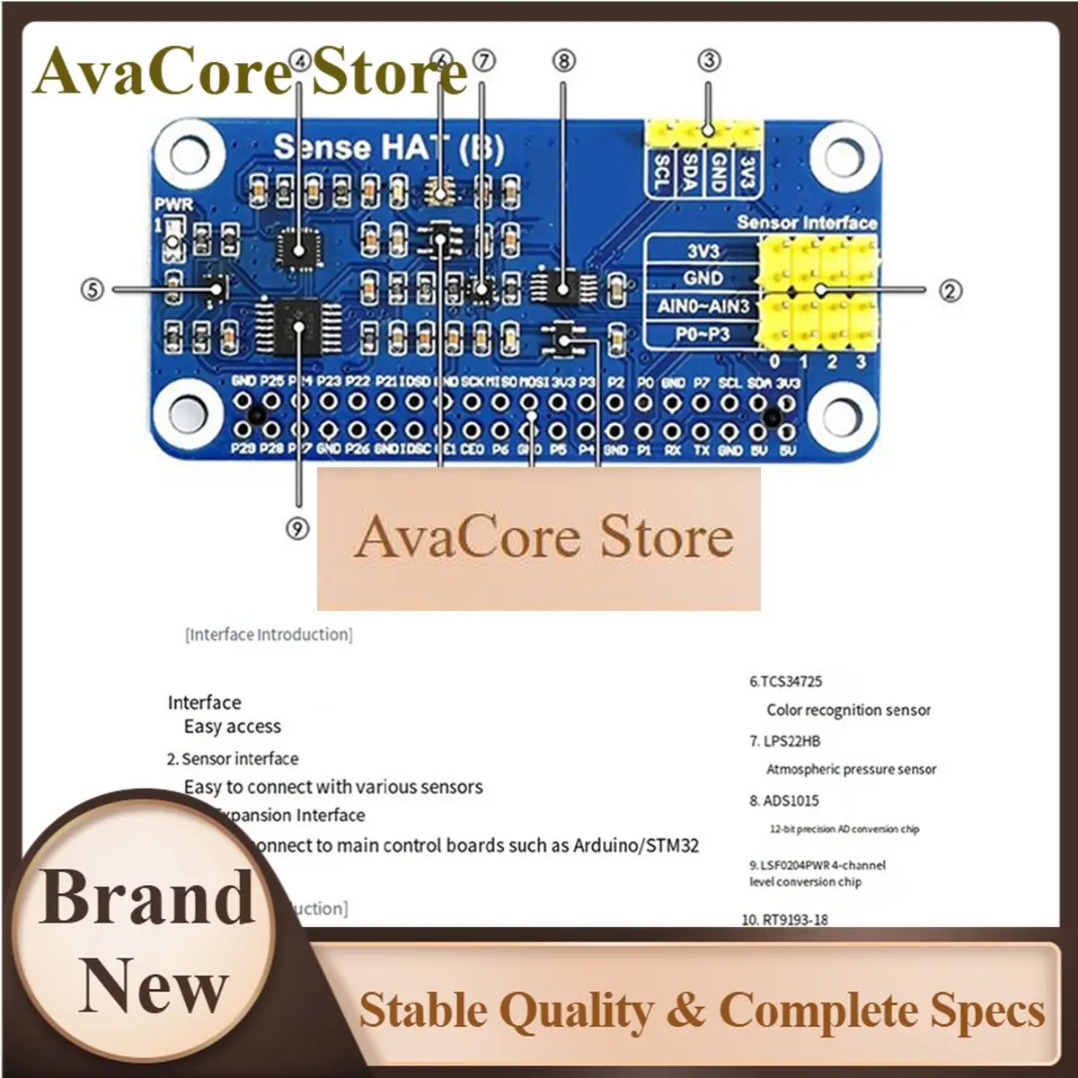 AvaCoreNew Electronics For Sensors HAT With Gyroscope Accelerometer Magnetometer Barometer Temperature And Humidity
