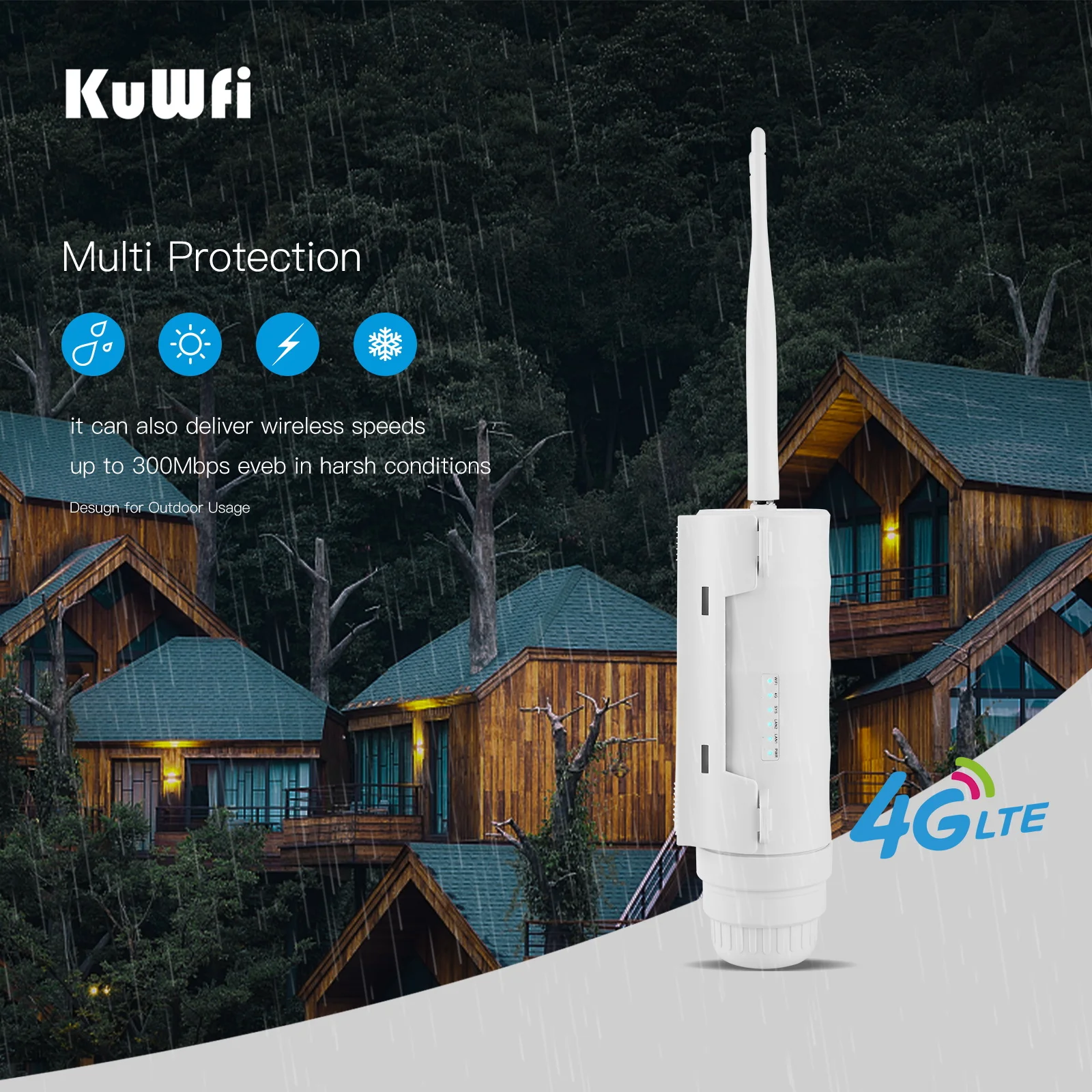 KuWfi 4G LTE Router Outdoor Waterproof 150Mbps Wireless Wifi Router High Speed Antenna Modem with SIM Card Slot Support 64 Users