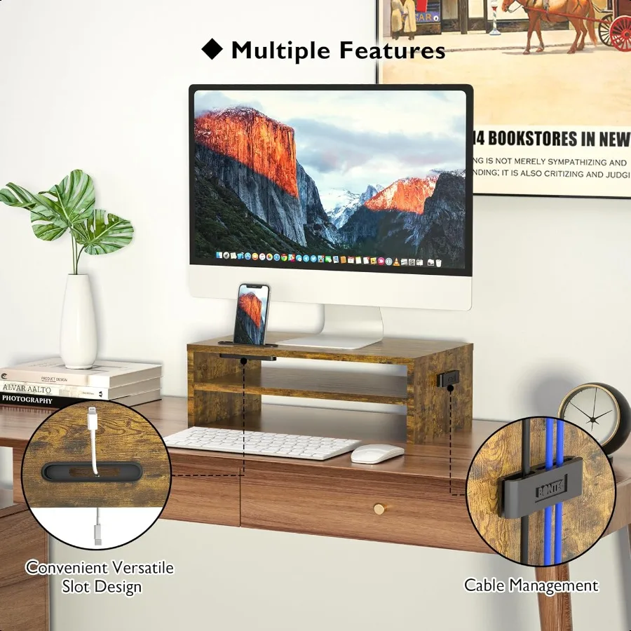 حامل شاشة BONTEC مكون من طبقتين حامل شاشة خشبي مع منظم تخزين لسطح المكتب وحامل شاشة مريح مع C