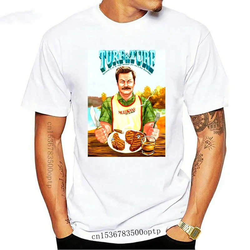 Mens Clothes Ron Swanson Parks And Recreation Turf And Turf White, Custom Made T-Shirt Cotton Tee Shirt Summer Style Casual Wear