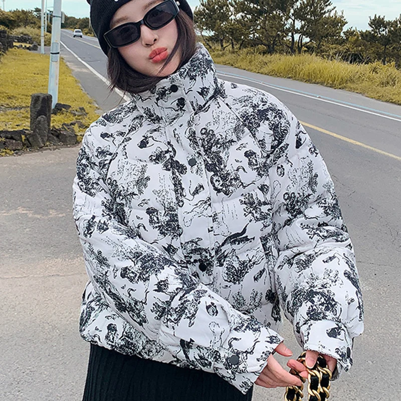 

Ink Wash Painting Printed Parkas Women Loose Thicken Cropped Jacket Woman Winter 2025 Fashion Stand Collar Warm Parka Mujer