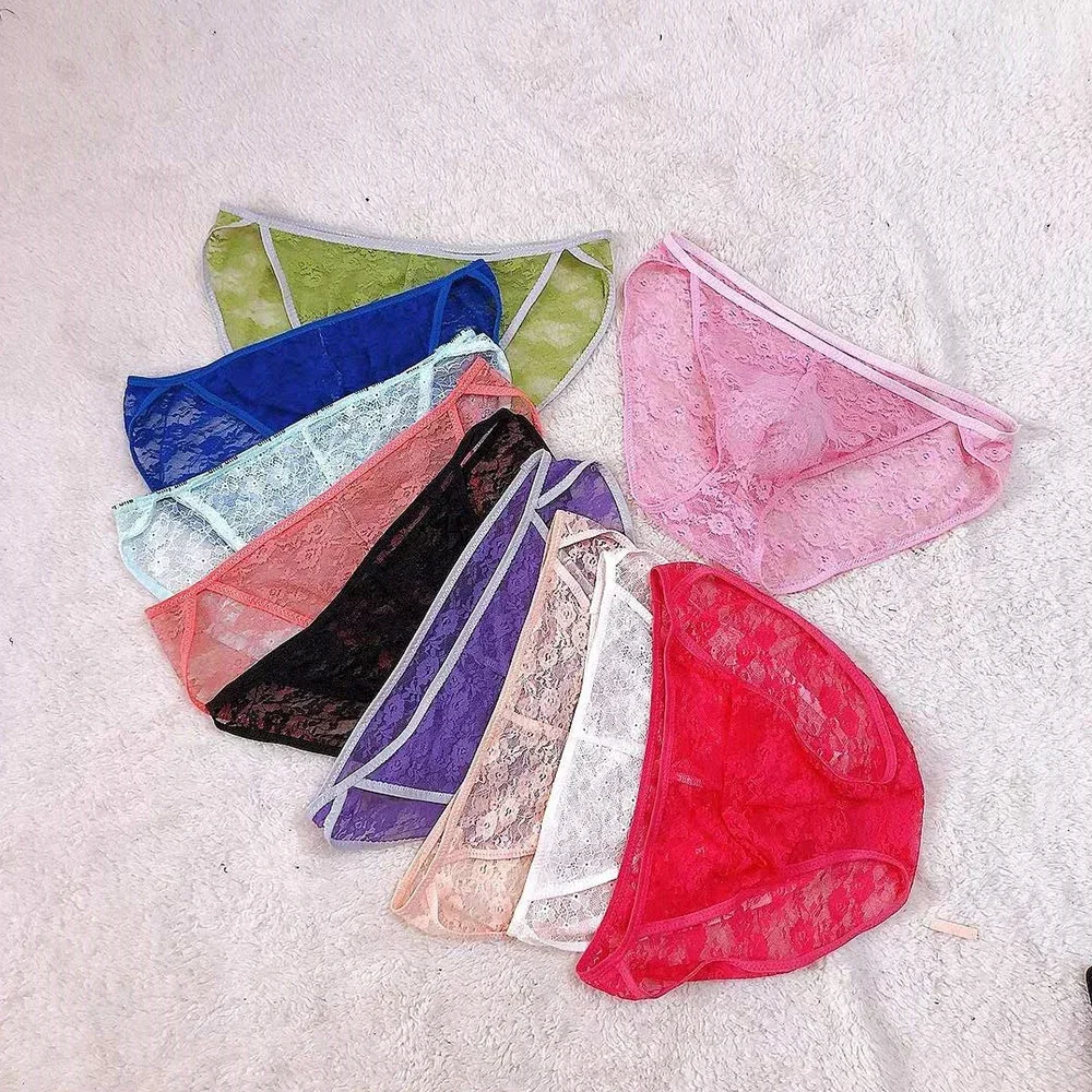 Sexy Men Lace Mesh Transparent Sheer Bulge Pouch Bikini Briefs Thongs Underwear Underpants Tempting Oversized Mens Briefs Shorts