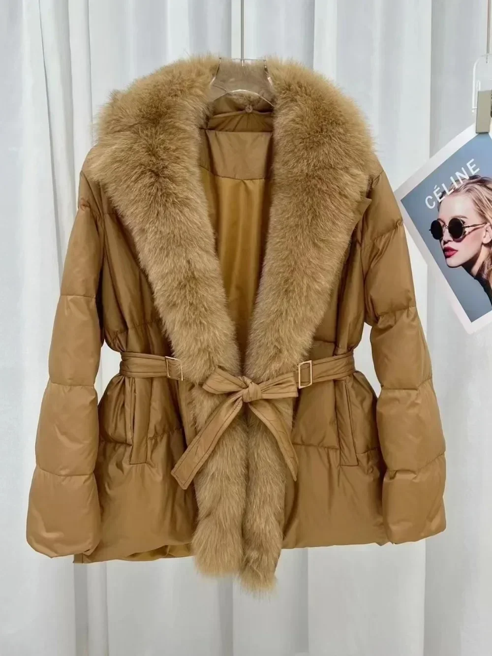 2024 Winter New Warm Natural Fox Fur Collar Parkas Slim Coat with Belt Outwear Female Luxury White Goose Down Jacket Women