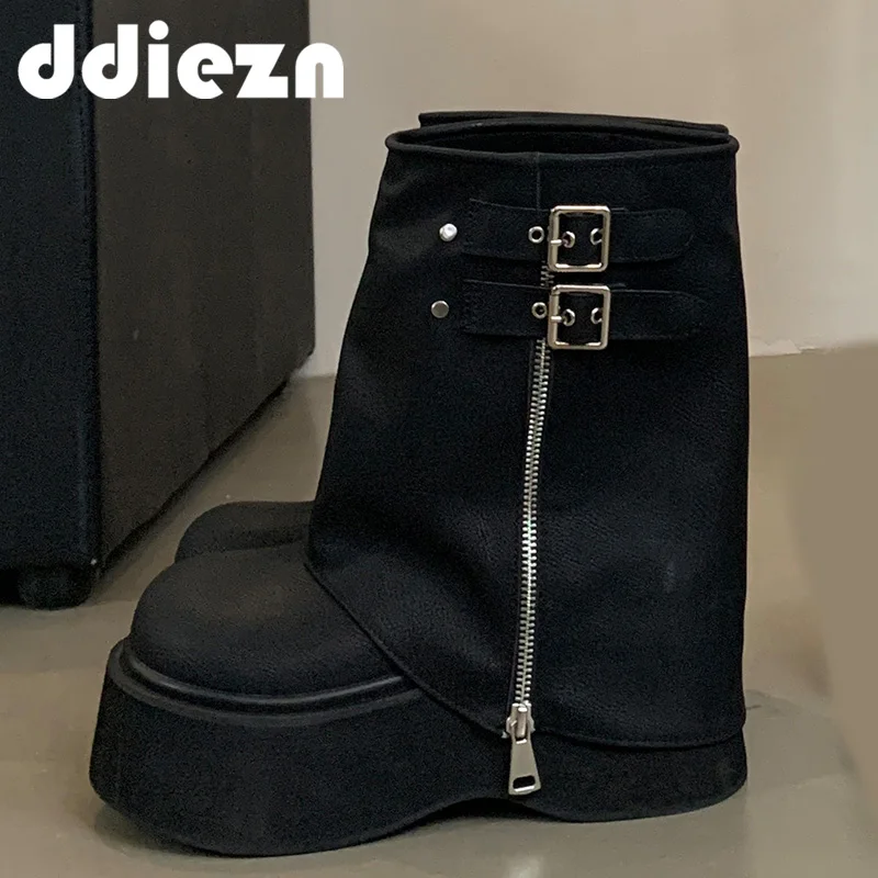 

Platform Women Motorcycle Boots Western Female Shoes For Women Heels 2024 Autumn New Ladies Belt Buckle Mid-Calf Modern Boots