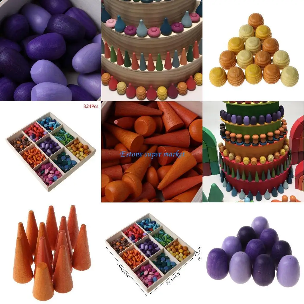 090B 324 pezzi per bambini giocattoli in legno arcobaleno blocco parti sciolte funghi coni building block