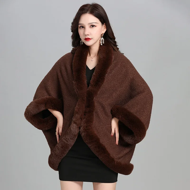 6 farben Winter Frauen Kurze Streetwear Mantel Faux Kaninchen Pelz Kragen Granulat Samt Cape Poncho Batwing Ärmeln Lose Mantel