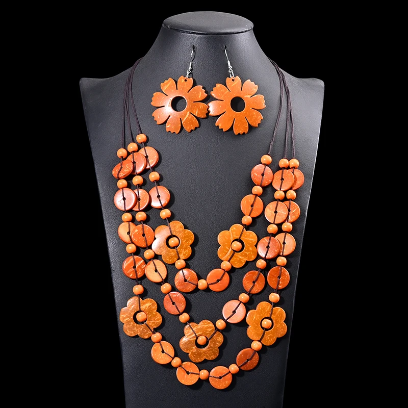 UDDEIN Ethnic Customs Coconut Husk Flower Necklace & Pendant Multi Layer Vintage Beads Wood Jewelry Sets Red Earrings