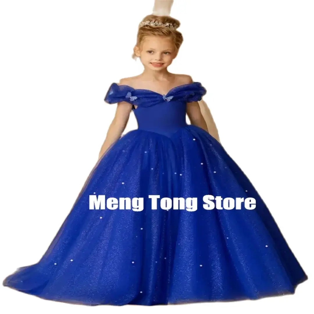 3D Butterfly Applique Royal Blue Tulle Puffy Flower Girl Dress For Wedding Kids Birthday Party First Communion Customized Dress