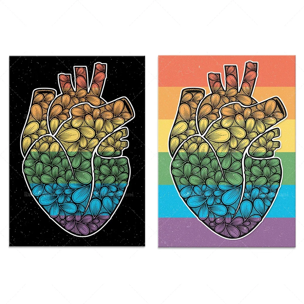 Color art print poster, pride art decoration, rainbow anatomical heart wall art, anatomical heart decoration poster