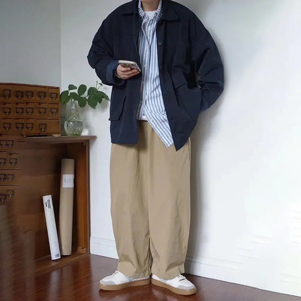 Spring And Autumn Fashion Casual Loose Retro Jacket Unisex Solid Color Lapel Basic Versatile Functional Jacket Coat For Men