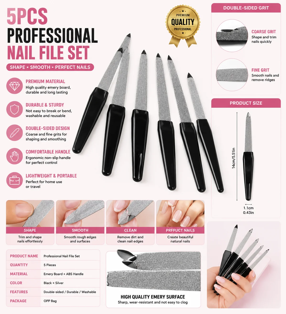 5PCS Metal Nail File Double Sided Nail Buffer Nail Shaper Manicure Pedicure Beauty Tool