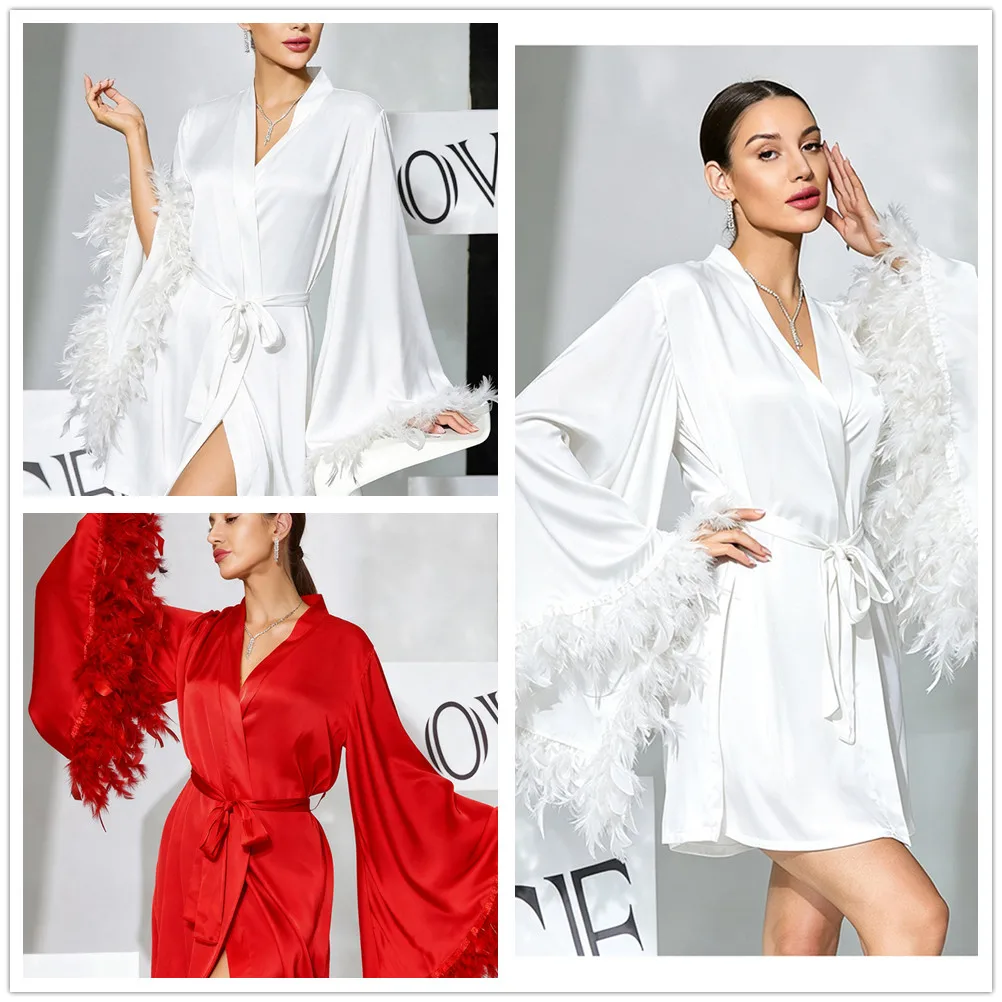 French Style Women's Robe Sexy Feather Cuff Flare Sleeve Bathrobe Elegant Silk Satin Homewear