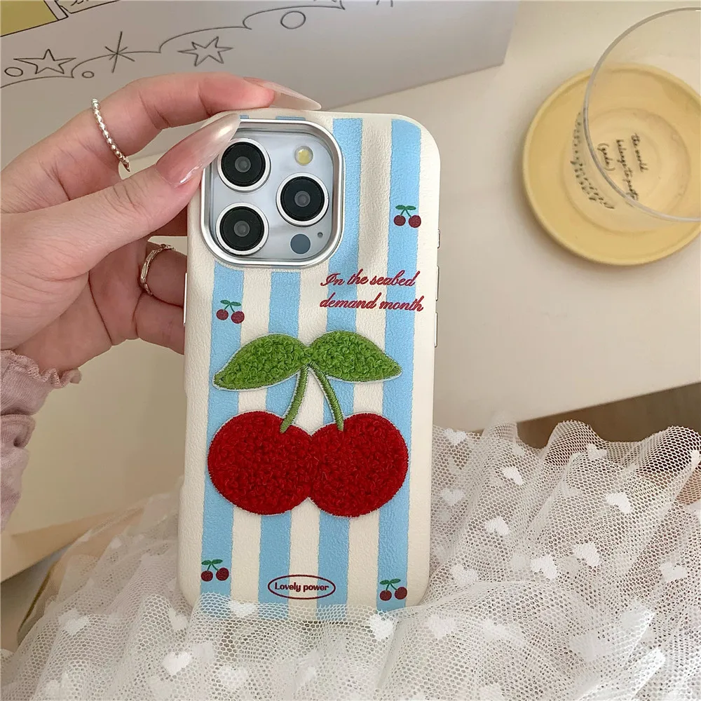 Korean Cute 3D Embrace Cherry Bowknot Bow Leather Pattern Case for IPhone 16 15 14 13 Pro Max Anti Shock Cover