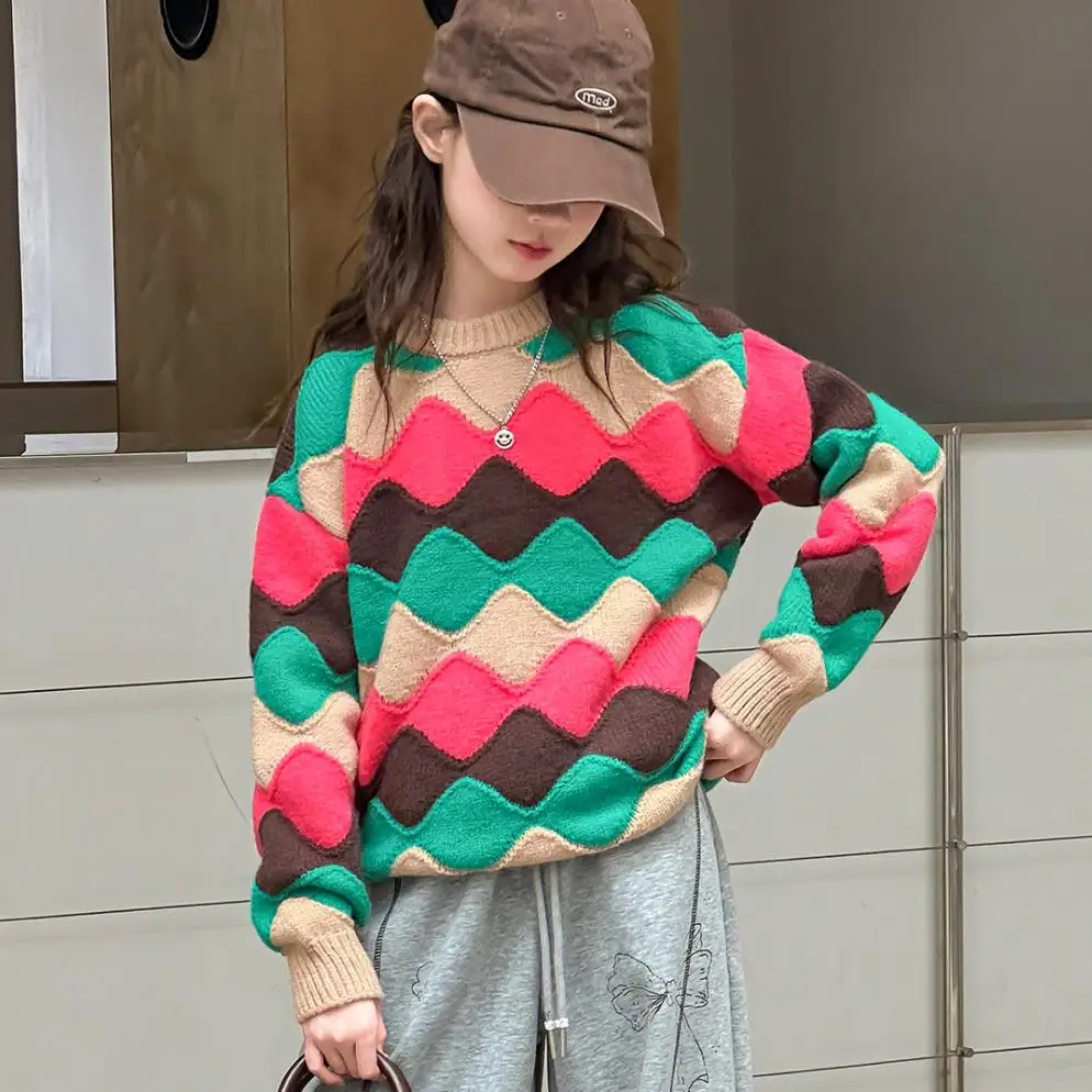 

Child's Clothes Girls' Pullover Sweater Autumn New Warm Sweater Colorful Wave Pattern Knitted Korean Edition Warm Knitwear Tops