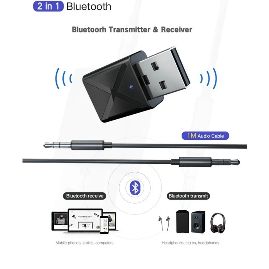 Bluetooth 5.0 Audio Transmitter Receiver Mini USB 3.5mm AUX Jack Stereo Music Wireless Bluetooth Adapter For PC TV Car Speaker