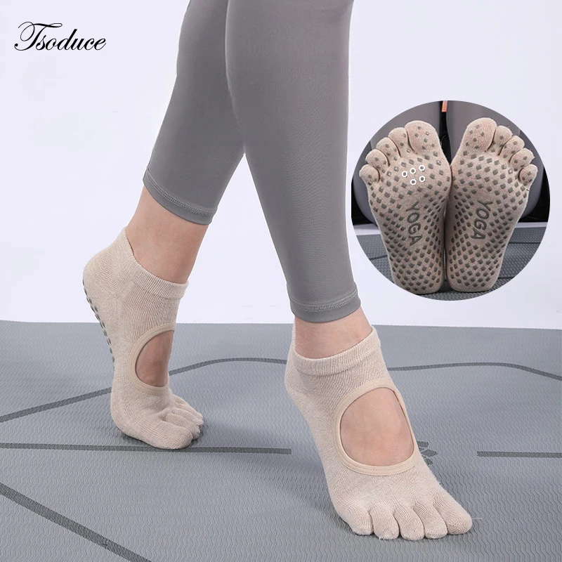 Professional Yoga Socks Silicone Non-Slip Breathable Cotton Backless Women Trampoline Ballet Floor Five Finger Toes Socks